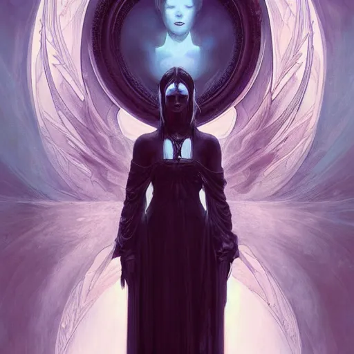 Image similar to A Symmetrical composition portrait of A beautiful!!!! angel in black flames by Ross Tran!! and alphonse mucha and greg rutkowski! and Zdzisław Beksiński!!,In style of digital art.dark Fantasy,smooth,hyper detailed,sharp focus,Soft light.4k