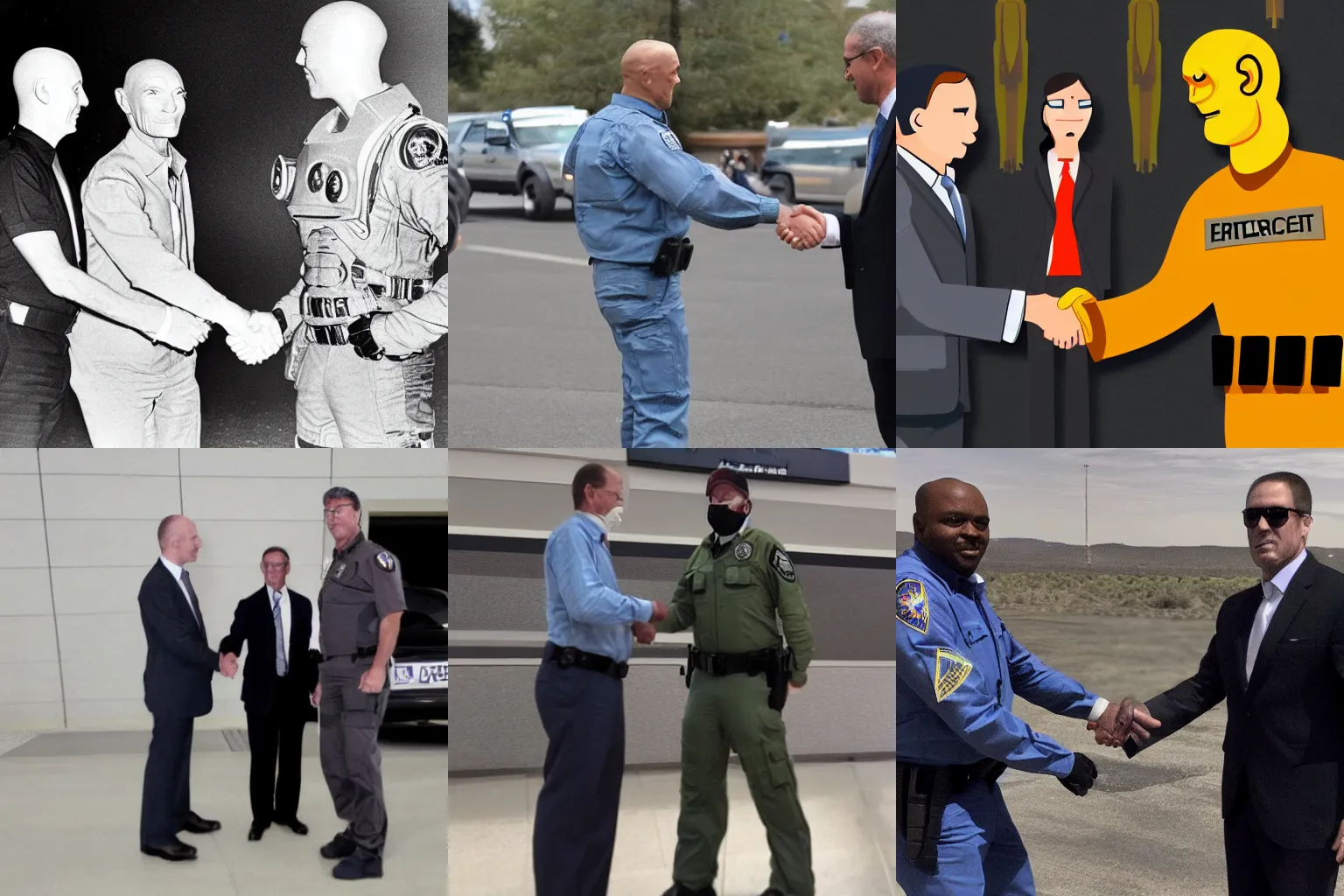 Prompt: an extraterrestrial space alien and federal agents shaking hands