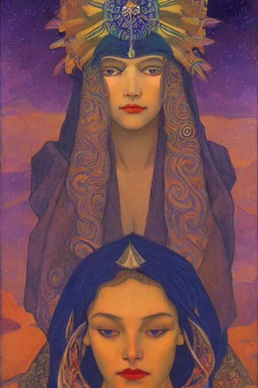 Image similar to queen of twilight with stars in her hair by Nicholas Roerich and Annie Swynnerton and Diego Rivera and jean delville, dramatic cinematic lighting , ornate headdress , flowing robes, sacred artifacts, lost civilizations, smooth, sharp focus, extremely detailed