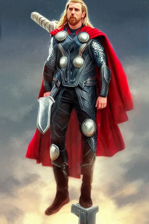 Image similar to Michael Scott as Thor, Thor costume, Michael Scott hairstyle, Thor body type, Michael Scott Face, calm, grumpy, portrait, masculine figure, highly detailed, digital painting, artstation, concept art, smooth, sharp focus, illustration, cinematic lighting, art by artgerm and greg rutkowski and alphonse mucha