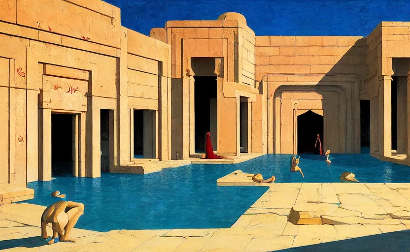 Image similar to A ancient persian temple with a big pool , very coherent, painted by Edward Hopper, Wayne Barlowe, painted by James Gilleard, airbrush, art by JamesJean