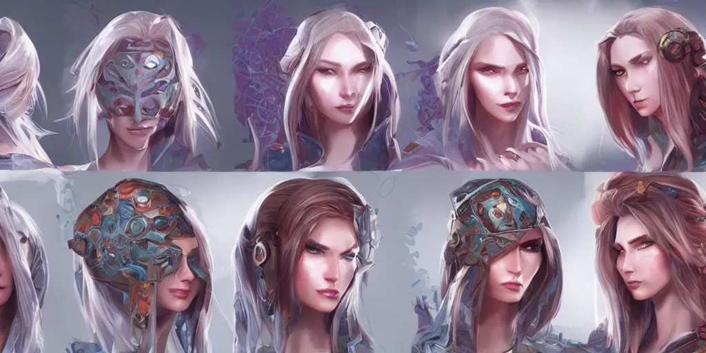 Image similar to concept art of russian female netrunner d & d video game characters head designs, unique hair designs, by marc brunet and artgerm