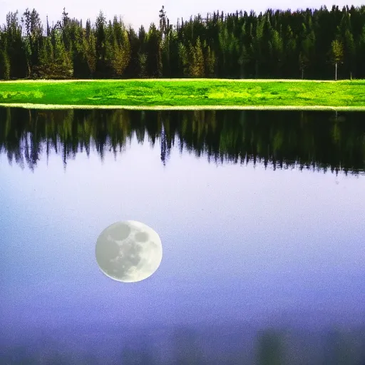 Prompt: green grassy field, standing near a lake, reflection, moon