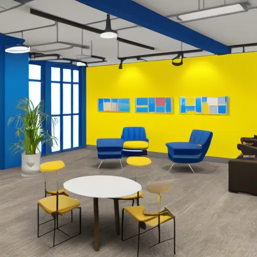 Image similar to interior design of a co - working space, yellow and blue color scheme, photorealist, 8 k