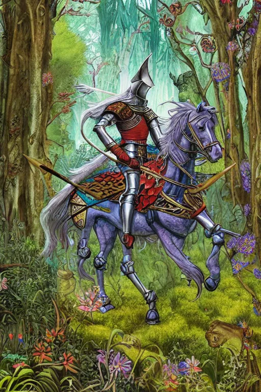 Image similar to medieval knight riding a horse in a magic kingdom overgrown by moss and plants, shiny armor, enchanted forest with fairies, wizards and magic mushrooms in the background, illustrated by james jean, very detailed and colorful and ornamental and floral, comicbook cover