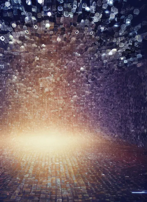 Image similar to cinematic epic shot group happy humans, hyper realistic, detailed flow of beautiful digital paintings, vortex of large squares and rectangles, floating graphics, dripping light drops, text tranforming into images, highly detailed, super realistic, perfect lighting pixel sorting, style sheet