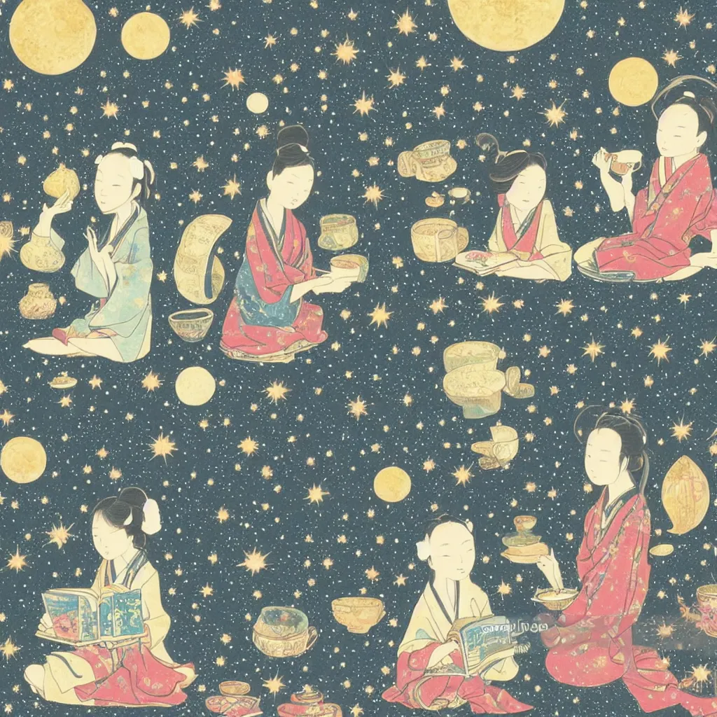 Image similar to Japanese style picture of two sisters reading a book and drinking herbal tea made with celestial fluids in the balcony covered with plant pots which opens up to celestial sky filled with galaxies and planets. A small while do sitting beside them. Scented candles lit around them. Highly detailed. Celestial. Satisfying.