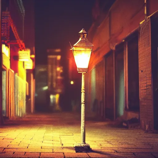 Image similar to lonely old lantern on empty cyberpunk street at night