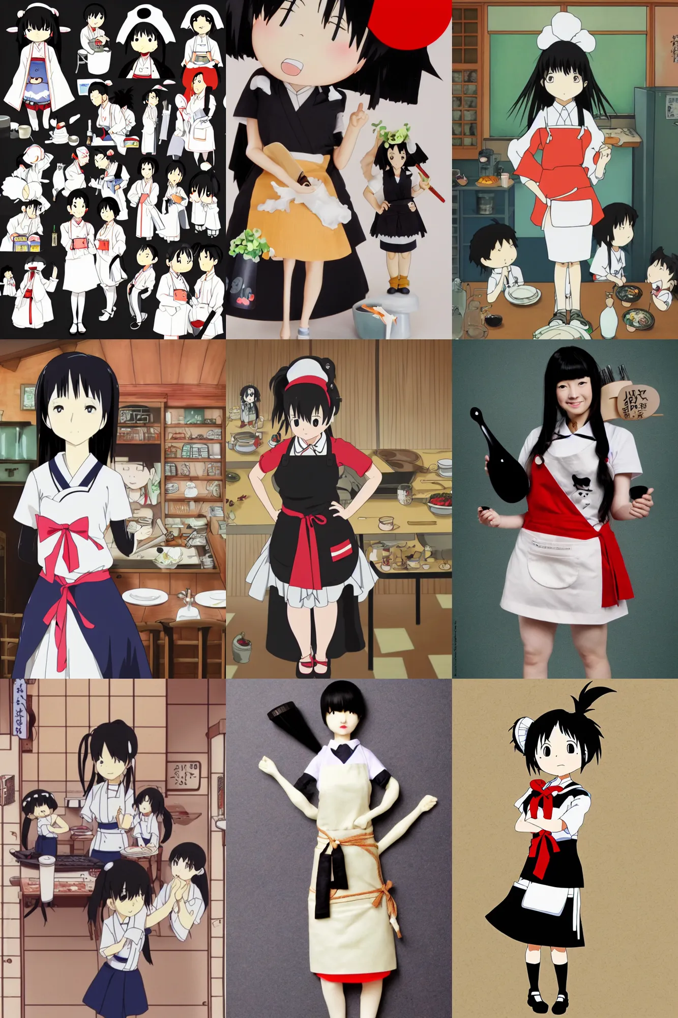 Prompt: japanese waitress, アニメーション, stop motion, studio ghibli, tim burton, apron, black hair, character design