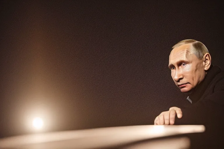 Prompt: a medium low angle shot of Vladimir putin sitting in squat position, looking at the camera, lit from below, shot from below, squatting, 8k, black background