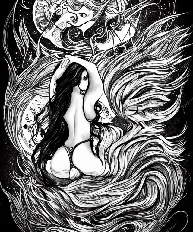 Image similar to black and white illustration, creative design, dark fantasy, tattoo design, beautiful mermaid, full body, swimming in ocean, fish tail bikini top flowing hair