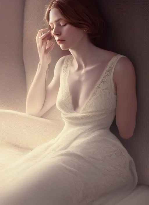 Image similar to young woman beautiful face : : sleeping lace white dress : : night home bed : : weta disney pixar movie still photo : : decadent highly - detailed digital painting, full length shot, golden ratio, octane render, artstation, smooth, sharp focus, artgerm, mucha, loish, wlop, gogo