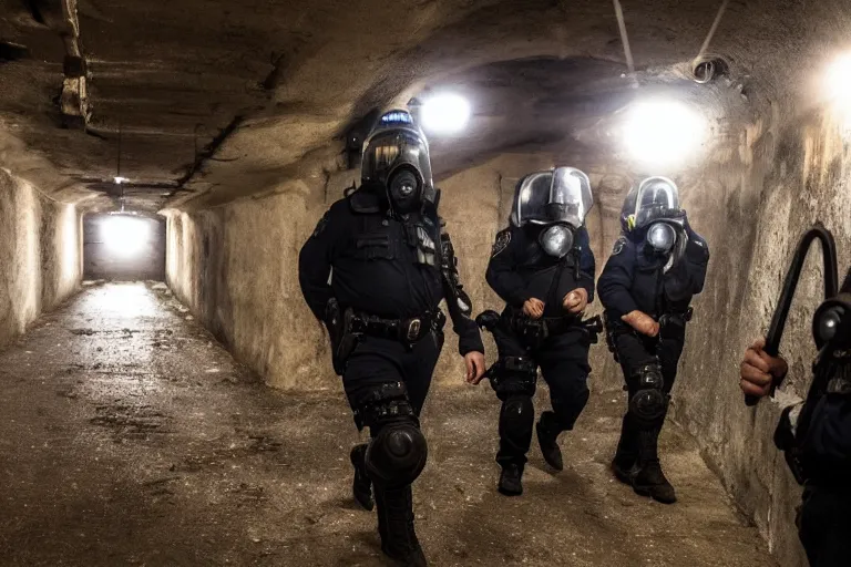 Image similar to police in gas masks in dark Russian tunnels hunting monster