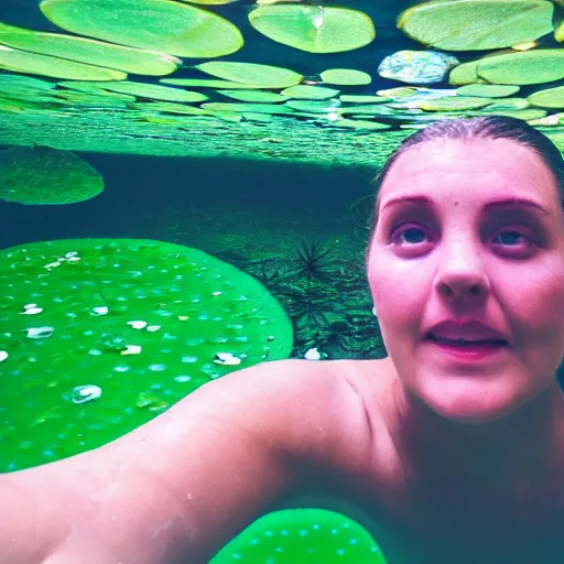 Image similar to A face submerged in shallow water surrounded by lily pads and other vegetation. The eyes are glowing and there is a hand reaching out towards you