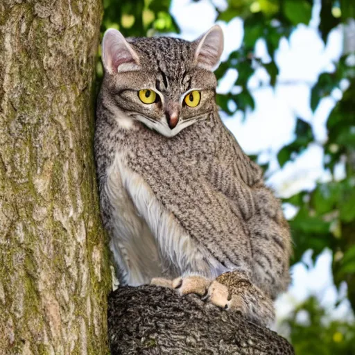 Image similar to cat owl hybrid perched on a tree