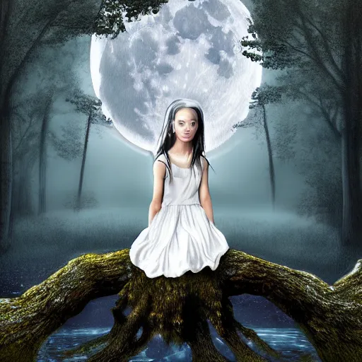 Image similar to an ultra realistic painting of a girl in a white dress sitting on the roots of a gigantic ancient tree overlooking a pond at night, surrounded by a towering dark forest, the moon can be glimpsed through the trees and is veiled by fog, fog obscures the background, midnight, dark fantasy, fantasy forest, spooky forest, highly detailed, concept art