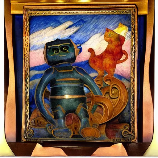 Prompt: cloisonne robot cat sculpture, by annie swynnerton and diego rivera and nicholas roerich and jean delville and janet fish, symbolist, dramatic lighting, god rays, art brut, rich colors, smooth, sharp focus, extremely detailed, adolf wolfli and ( donato giancola and bilibin )