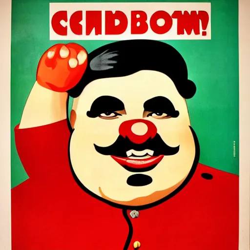 Image similar to fat communist clown portrait, soviet propaganda poster, vivid colors