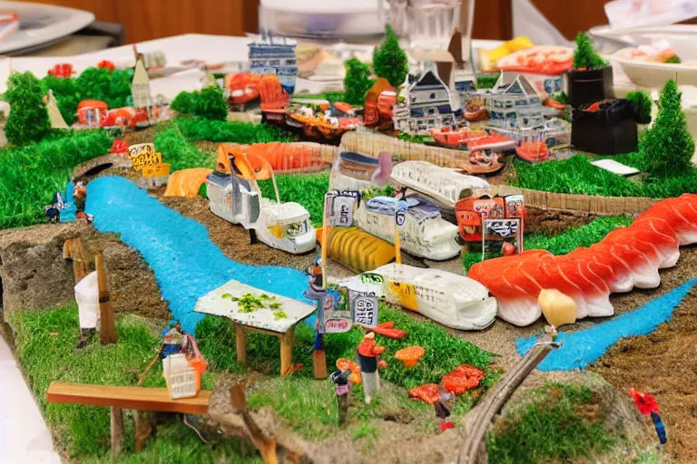 Prompt: miniature town made of sushi, diorama picture, 5 5 mm, sushitown