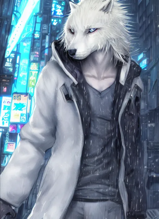 Image similar to character portrait of a male anthro albino wolf fursona with a tail and a cute beautiful attractive detailed furry face wearing stylish cyberpunk clothes in a cyberpunk city at night while it rains. hidari, color page, tankoban, 4K, tone mapping, Akihiko Yoshida. Nomax, Kenket, Rukis. comic book style, photorealistic, professional lighting, hyperdetailed, high resolution, high quality, dramatic, deviantart, artstation, 4k, real photo