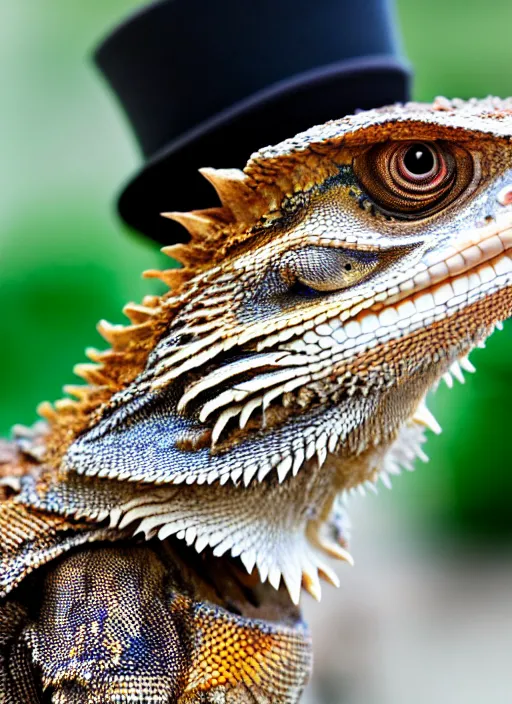 Image similar to dslr portrait still of a bearded dragon wearing a tophat, 8 k 8 5 mm f 1. 4