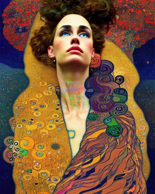 Image similar to nature cat portrait an oil painting splashes with many colors and shapes by gustav klimt greg rutkowski and alphonse mucha, polycount, generative art, psychedelic, fractalism, glitch art