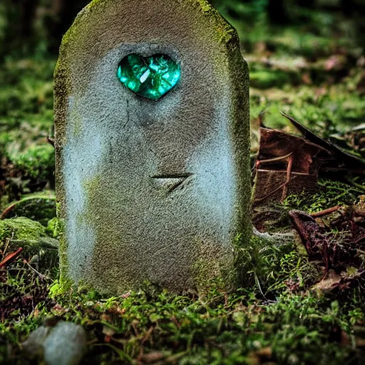 Prompt: side view of a beautiful abandoned tombstone with an embedded emerald laying on the ground, in a deep forest, overgrown foliage taking over it, close - up, 3 5 mm, biopunk, bokeh, beautiful, lens flare, emotional, detailed, picture, trending on artstation, award - winning, shiny, golden, octane render