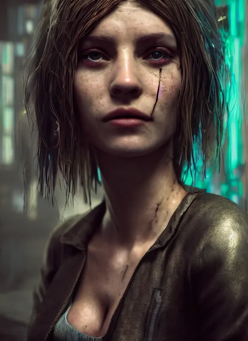 Prompt: 3 / 4 portrait, emma bot queen, slave, gang clothing, brunette, long hair, salacious, id magazine, hyperrealism, detailed textures, photorealistic, 3 d cyberpunk apocalyptic city, ultra realistic, cinematic, intricate, cinematic light, unreal engine 8 k, octane render, unreal engine, david kostic, artgerm