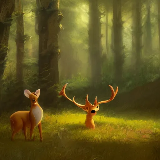 Image similar to concept art painting of an anthropomorphic humanoid elderly chubby doe deer wearing yellow robes, in the deep forest, realistic, detailed, cel shaded, in the style of makoto shinkai and greg rutkowski and james gurney