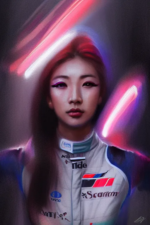 Image similar to portrait beautiful asian female formula one racer, wearing formula one racer uniform, at formula one racing car repair room, ssci-fi, fantasy, intricate, very very beautiful, elegant, human anatomy, neon light, highly detailed, digital painting, artstation, concept art, soft light, smooth, sharp focus, illustration, art and details by Brook Shaden