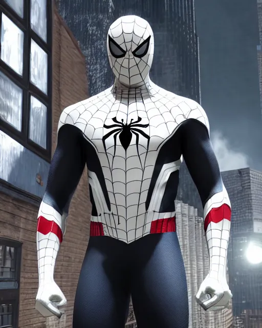 Prompt: photorealistic, hyperdetailed photograph of black spider - man suit with white webbing by insomniac games