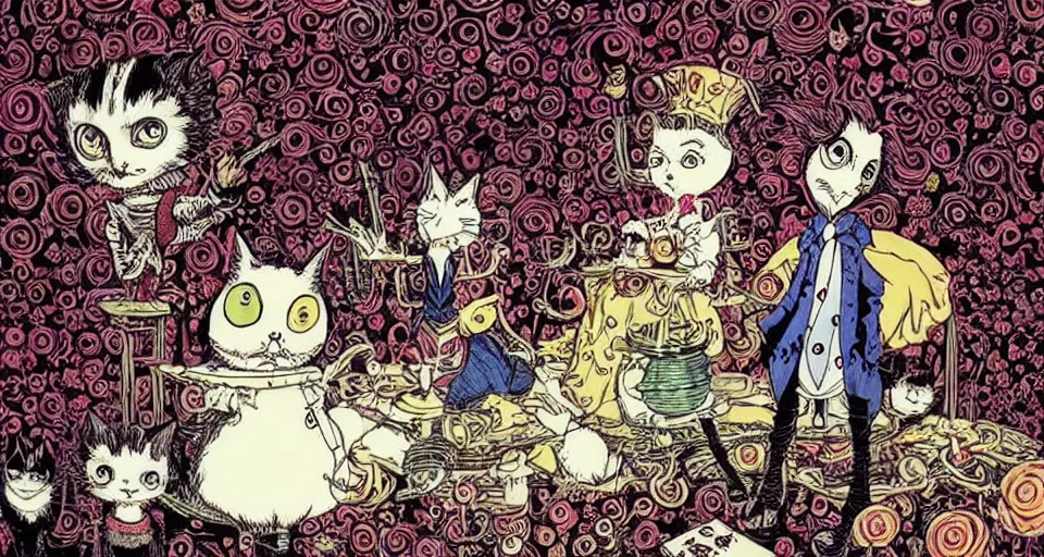 Image similar to tim burton alice in wonderland movie still frame by yuko shimizu, tee party with a cat by yuko shimizu and tim burton