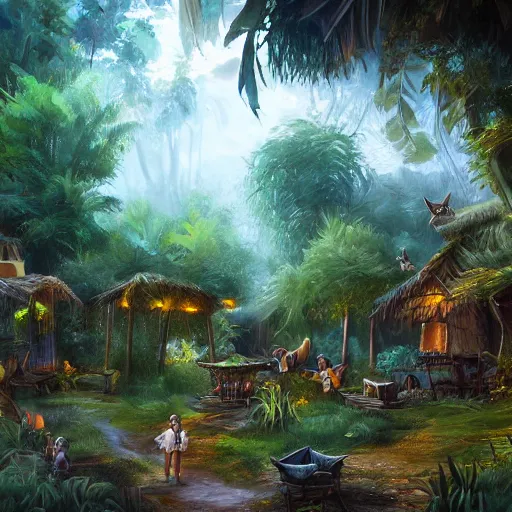 Image similar to the village in a bright jungle, dramatic lighting, oil painting, pale colors, high detail, 8 k, wide angle, trending on artstation,