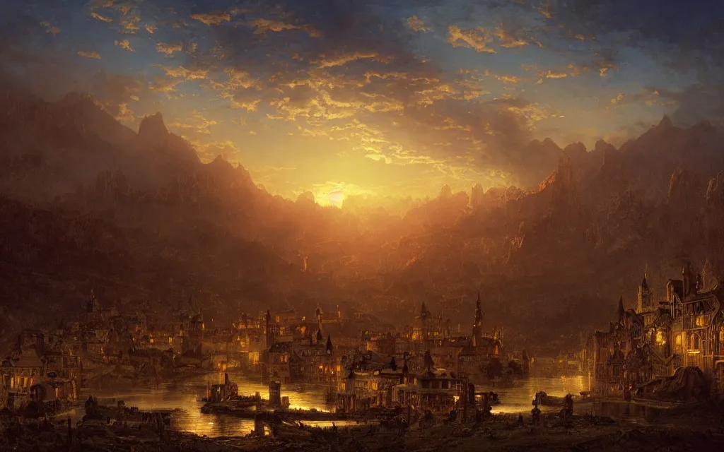 Prompt: large medieval town, steampunk, sunset in the distance, mountainous backdrop, cinematic lighting, intricate ink illustration, by albert bierstadt