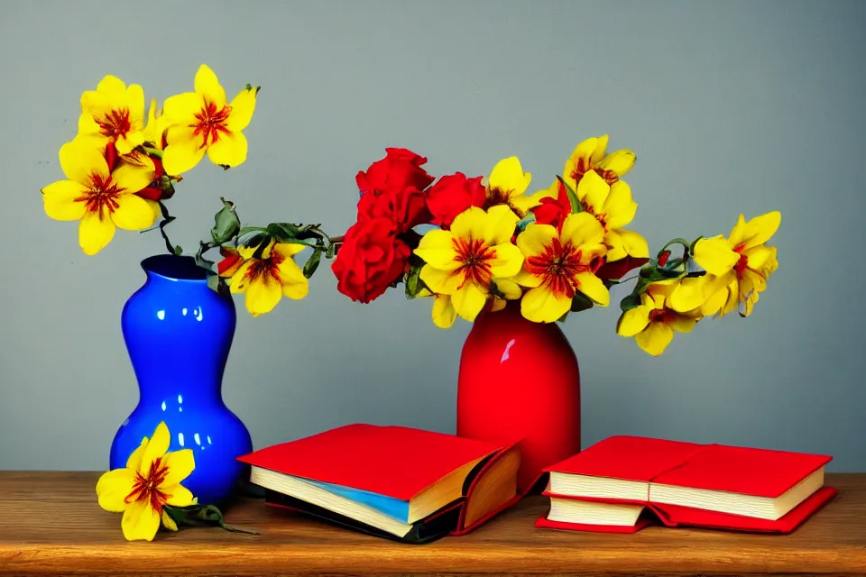 Image similar to red book and yellow vase with blue flowers, photo