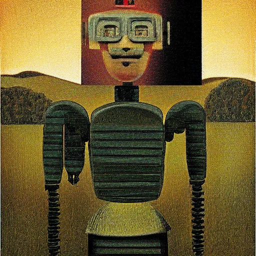 Prompt: robot portrait farmland, grant wood, american gothic from grant wood style
