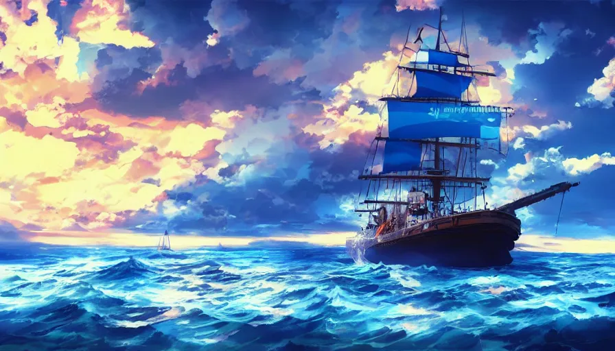 Image similar to one piece ship sailing, dynamic blue sky, storm sky, sun sunset, with blue light piercing through clouds, makoto shinkai, royal blue colors, lighting refraction, volumetric lighting, pixiv art, highly detailed, anime art, symmetrical, wlop, anime art