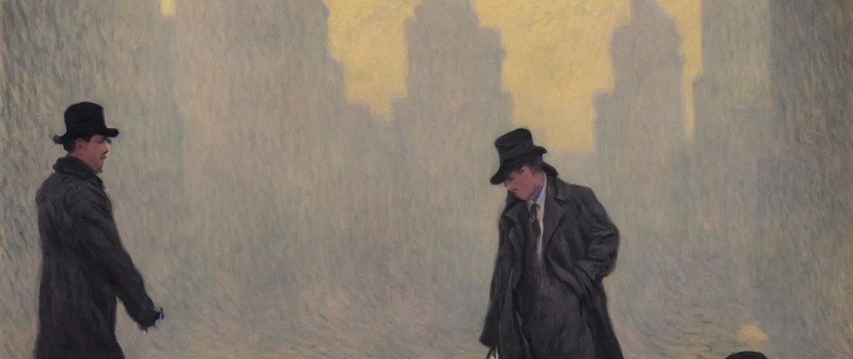 Image similar to a single!!!!!!! drunk and depressed film noir detective in a trench-coat, walking along a street; a painting by Claude Monet