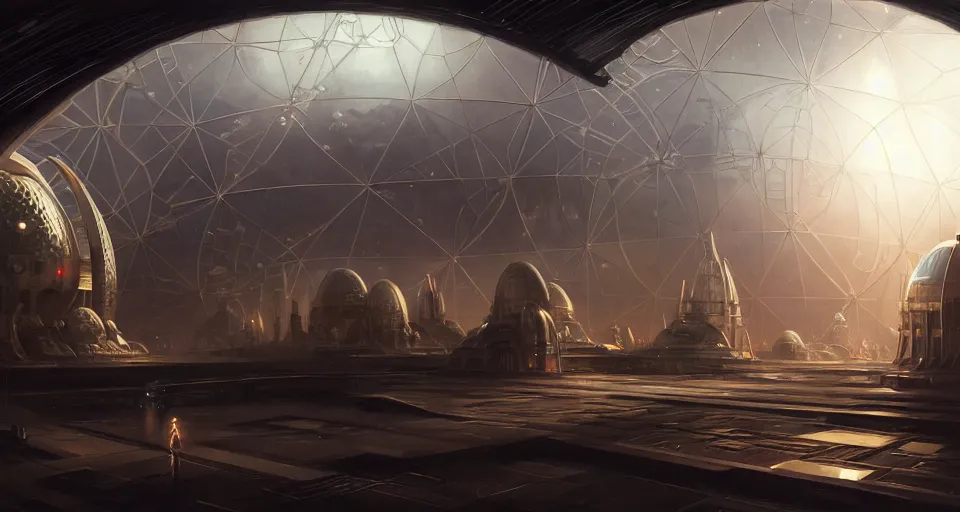 Image similar to cinematic shot, futuristic city on the moon inside a giant geodesic dome, utopian, night, stars, digital painting, artstation, concept art, smooth, sharp focus, illustration, intricate, elegant, highly detailed, in the style of greg rutkowski and alphonse mucha and artemisia, 8 k, highly detailed, jurgens, rutkowski