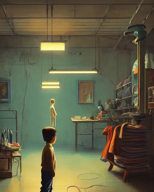 Prompt: kid standing in front of the tailor shop, staring at the mannequin, calming, uplifting mood, ultra realistic, factory, funny, highly detailed, epic lighting, illuminated, cinematic, morning, art by eddie mendoza and simon stalenhag