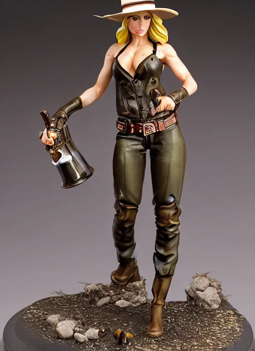 Prompt: 80mm resin detailed miniature of a beautiful muscular cow-girl, clothed in Cowboy Jacket, ten-gallon hat, revolver gun, olive skin, long dark hair, beautiful bone structure, symmetrical facial features, Product Introduction Photos, 4K, Full body