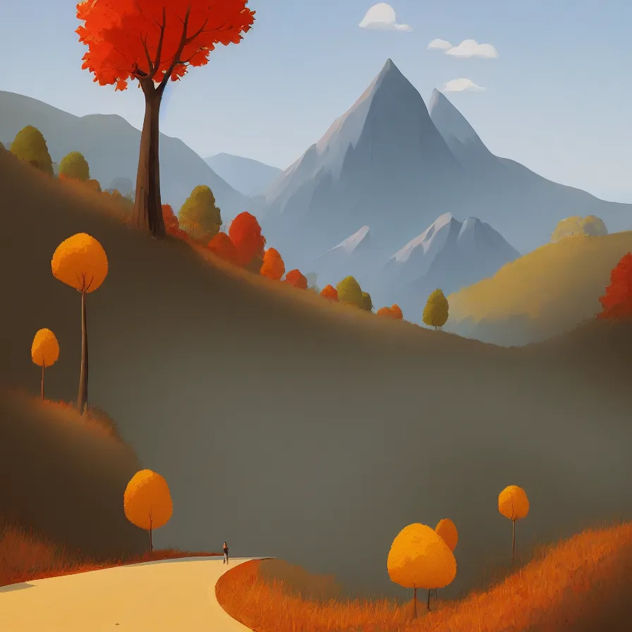 Image similar to goro fujita ilustration distant view of a mountain which is surrounded by a road up the slope. by the roadside are tall autumn trees, painting by goro fujita, sharp focus, highly detailed, artstation