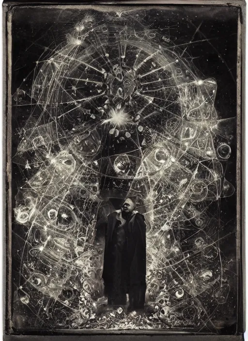 Prompt: old wetplate daguerreotype, portrait of god is a dj, explosion of data fragments, fractal, intricate, elegant, highly detailed, parallax, leica, medium format, subsurface scattering, by jheronimus bosch and greg rutkowski and louis jacques mande daguerre