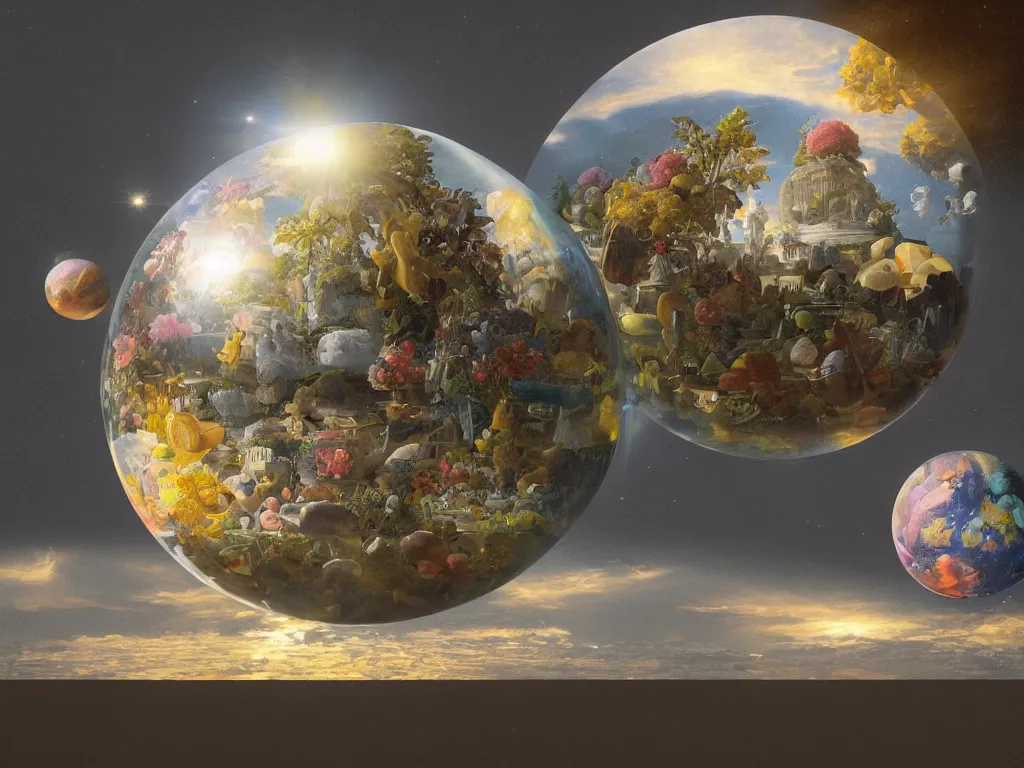 Image similar to 3 d render, sunlight study, the universe is a spheroid region 7 0 5 meters in diameter, art nouveau, by jan davidz de heem and ( ( ( ( ( lisa frank ) ) ) ) ), 8 k, sharp focus, octane render