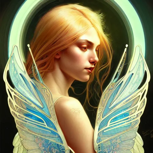 Image similar to A cybernetic girl with blonde hair, glowing halo, huge highly detailed intricate wings, art nouveau, fantasy, intricate, elegant, highly detailed, digital painting, artstation, concept art, smooth, sharp focus, illustration, art by Krenz Cushart and Artem Demura and alphonse mucha