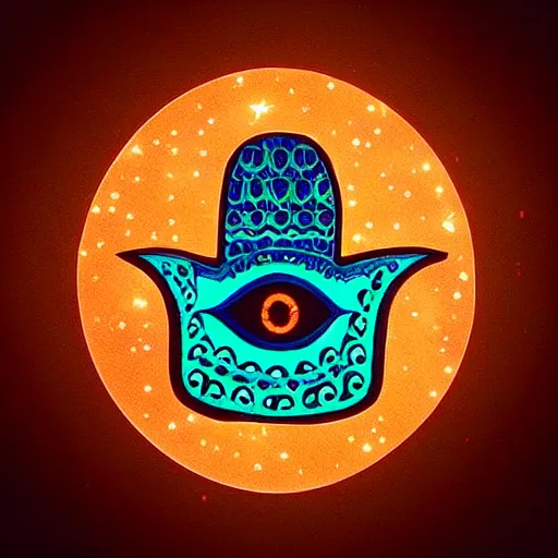 Prompt: “a spaceship in the shape of hamsa is flying among the stars”