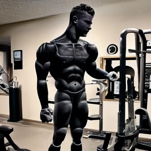 Image similar to “ a realistic detailed photo of a guy who is an attractive humanoid who is half robot and half humanoid, who is a male android, football player christian mccaffrey, shiny skin, posing like a statue, blank stare, at the gym, on display ”