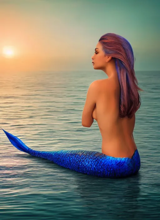 Image similar to hyper realistic fashion photography of a beautiful mermaid with a beautiful blue tail, looking out into an ocean sunset