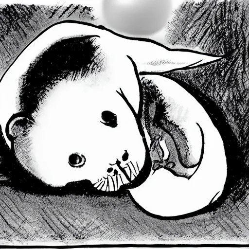 Image similar to baby seal crying next to a broken pearl necklace, wide angle, comic book by frank miller