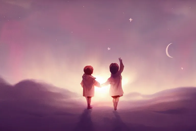 Prompt: a cute little boy and a girl wave their hands, dreamy matte painting, night time, volumetric lighting, smooth, trending on artstation, moonlit backdrop